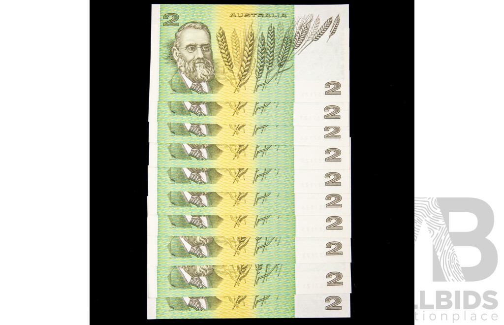 Ten Australian 1985 Two Dollar Notes, Johnston/Fraser R89 Consecutive LEJ 887120  -  LEJ 887129