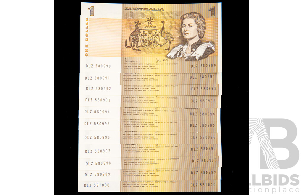 Eleven Australian 1982 One Dollar Notes, Johnston/Stone R78 Consecutive DLZ 580990  -  DLZ 581000