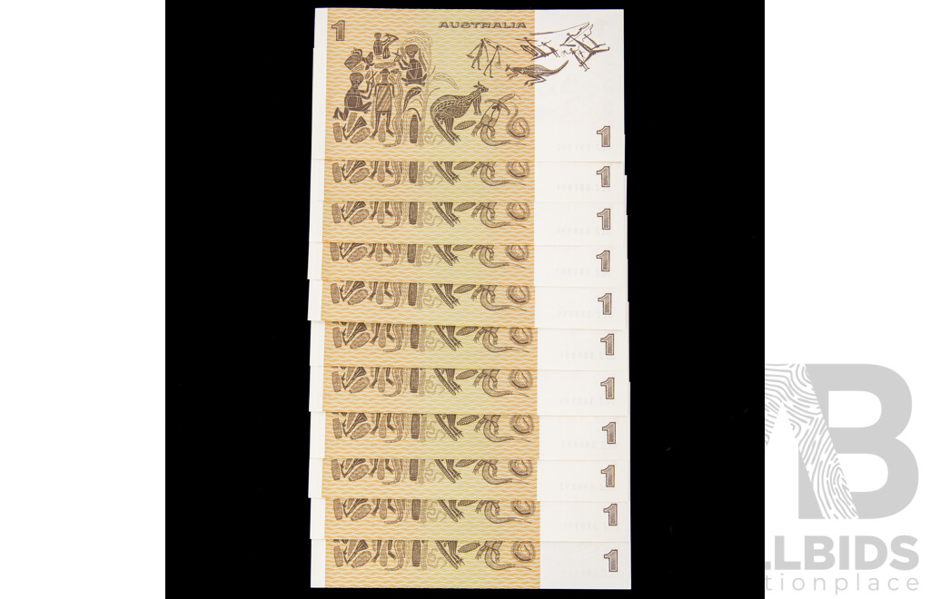 Eleven Australian 1982 One Dollar Notes, Johnston/Stone R78 Consecutive DLZ 580990  -  DLZ 581000