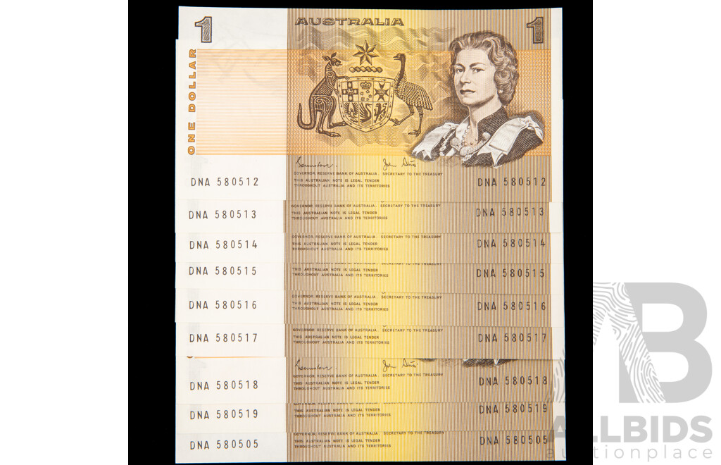 Nine Australian 1982 One Dollar Notes, Johnston/Stone R78 Consecutive DNA 580512  -  DNA 580519 and DNA 580505