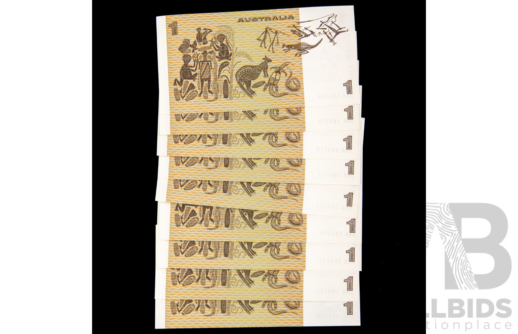 Nine Australian 1982 One Dollar Notes, Johnston/Stone R78 Consecutive DNA 580512  -  DNA 580519 and DNA 580505
