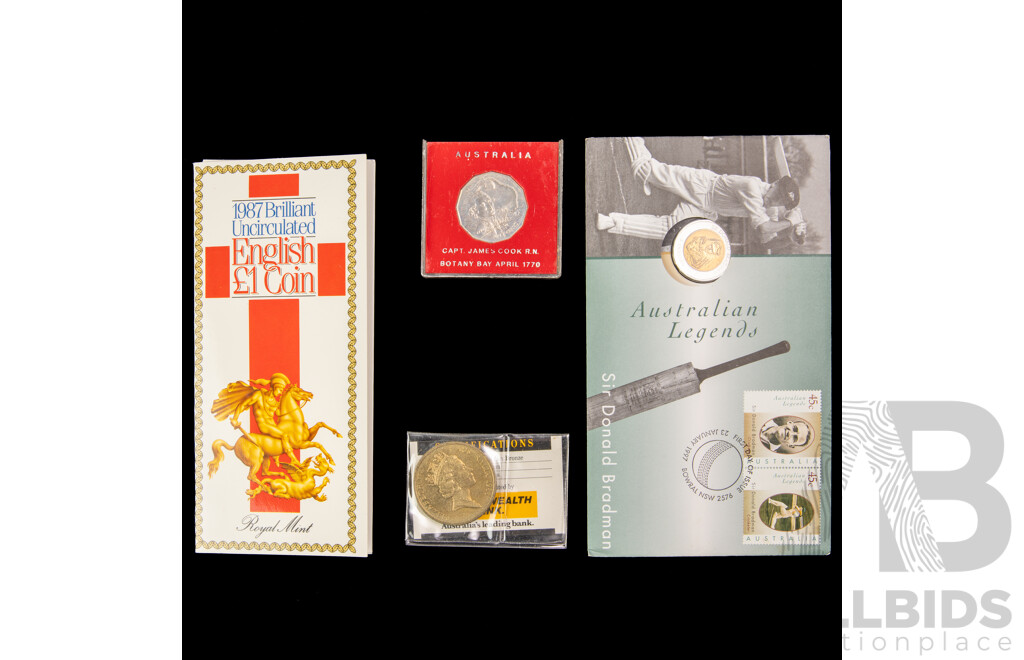 Australian 1988 Commemorative Five Dollar Coin, 1997 Donald Bradman PNC, 1970 Fifty Cent, Captain Cook, UK 1987 Brilliant UNC One Pound Coin