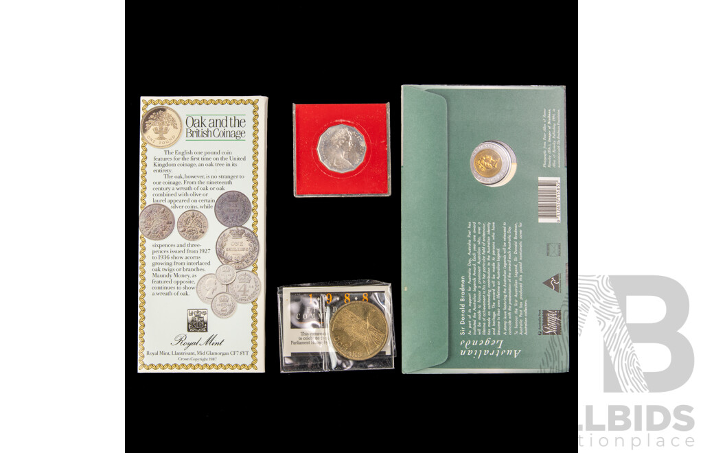 Australian 1988 Commemorative Five Dollar Coin, 1997 Donald Bradman PNC, 1970 Fifty Cent, Captain Cook, UK 1987 Brilliant UNC One Pound Coin