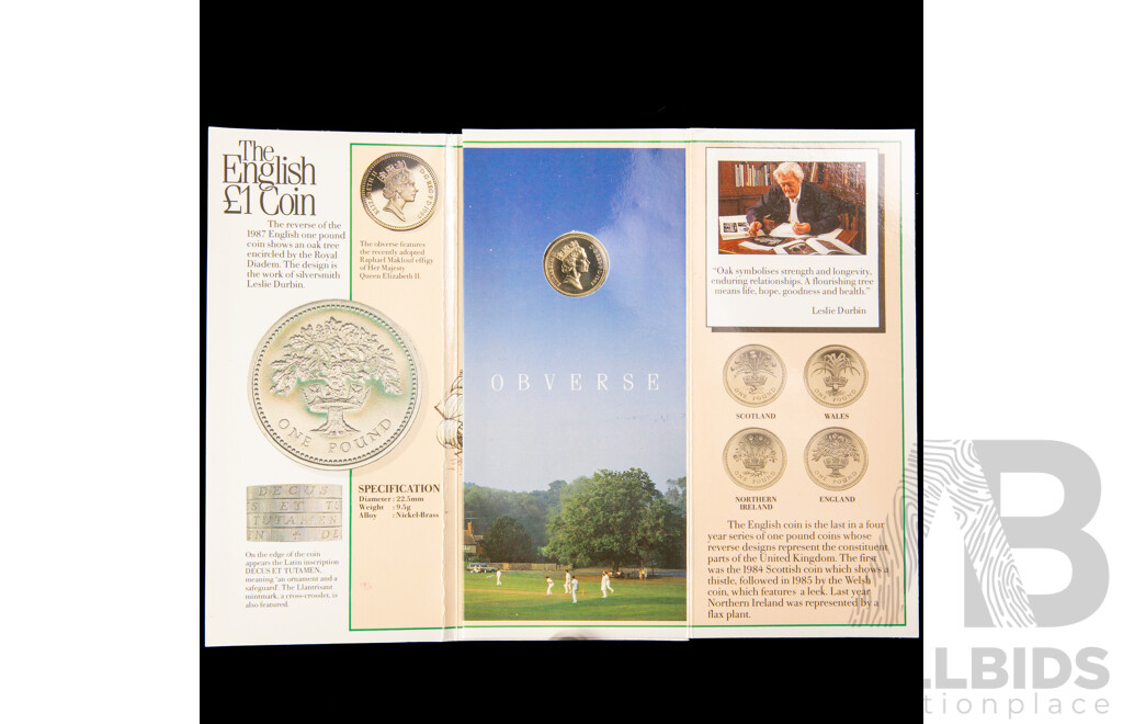 Australian 1988 Commemorative Five Dollar Coin, 1997 Donald Bradman PNC, 1970 Fifty Cent, Captain Cook, UK 1987 Brilliant UNC One Pound Coin