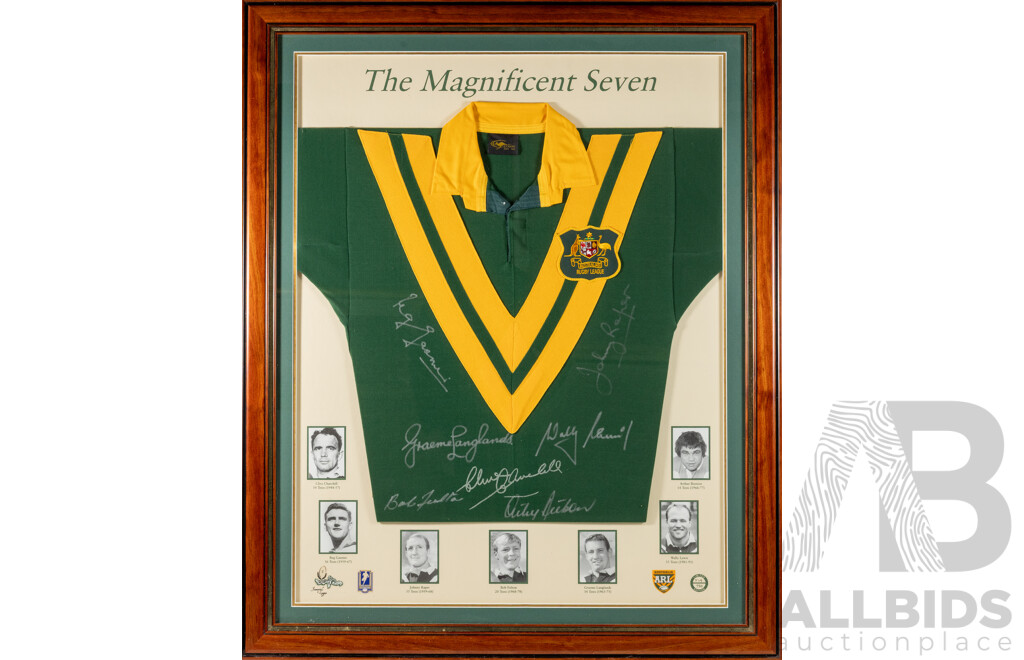 Australian Rugby League the Magnificent Seven Jersey, Signed by the Original Seven Immortals Churchill, Gasnier, Raper, Beetson, Fulton, Langlands and Lewis