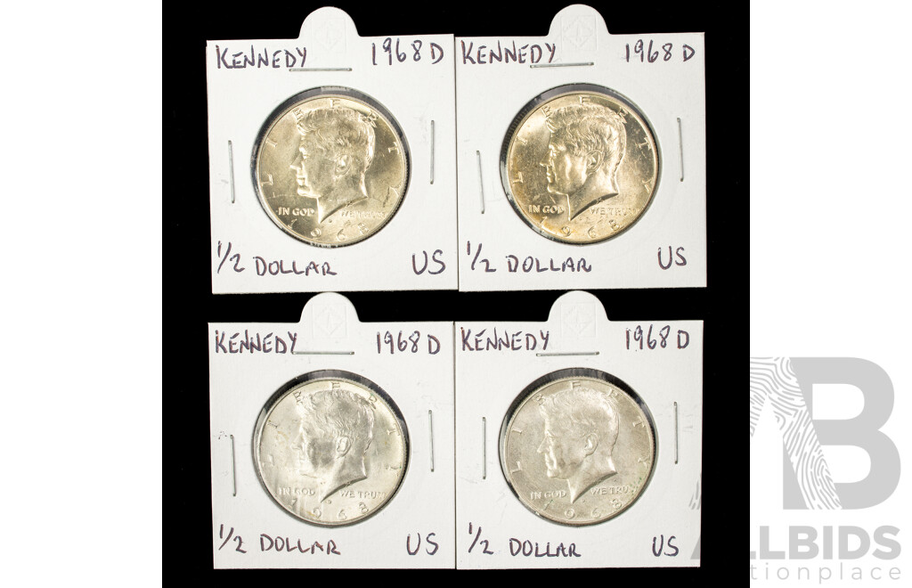 Four USA 1968 Silver Kennedy Half Dollars, Denver Mint .400