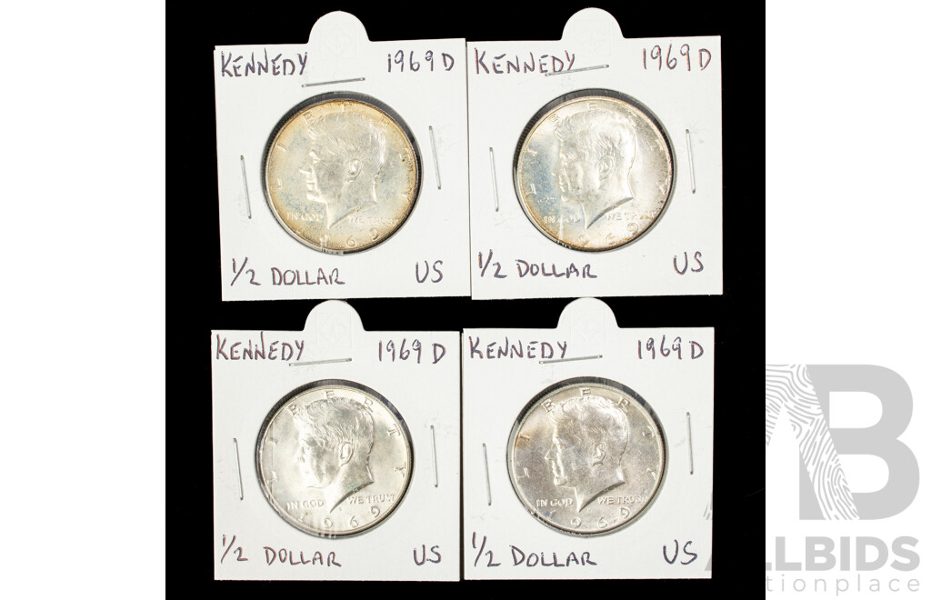Four USA 1969 Silver Kennedy Half Dollars, Denver Mint .400