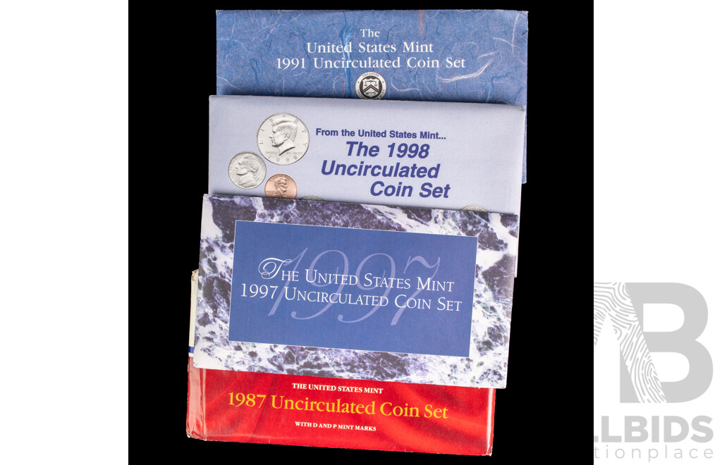 Four USA UNC Mint Coin Sets Including 1987, 1991, 1997, 1998, All in Original Packaging