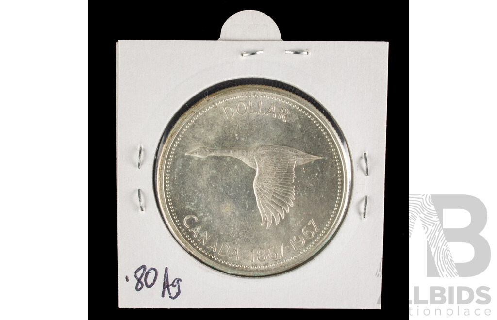 Canada 1967 QE2 Silver One Dollar Coin, 100th Anniversary of Canada .800