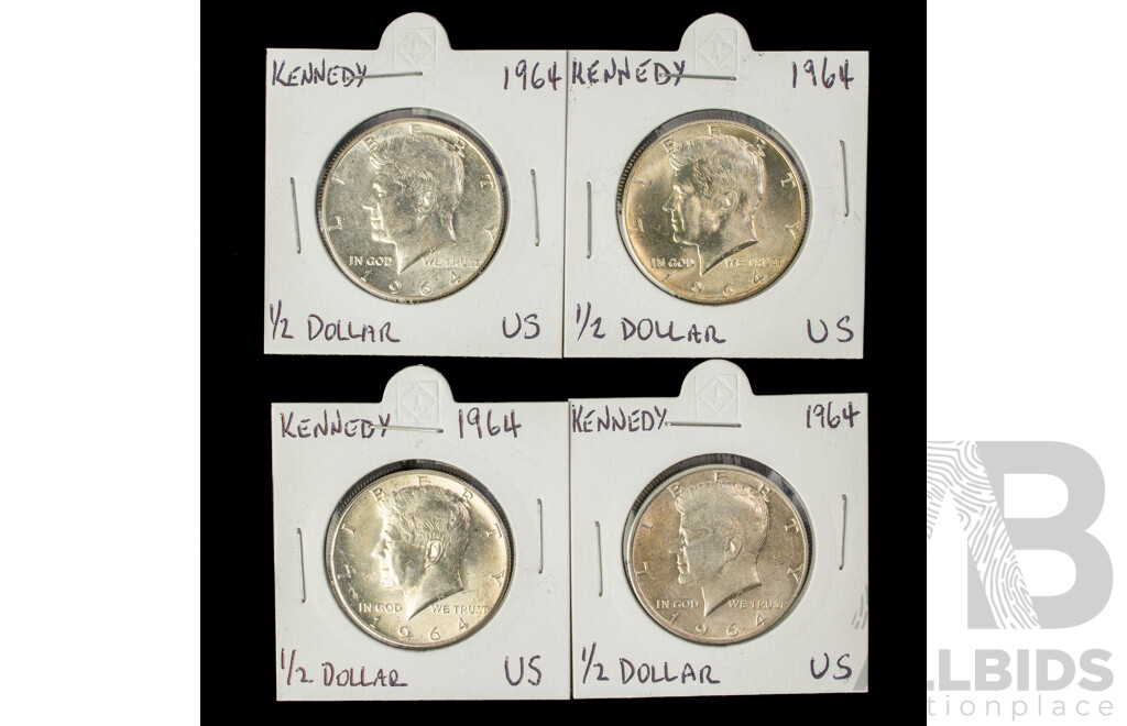 Four USA 1964 Silver Kennedy Half Dollars .900