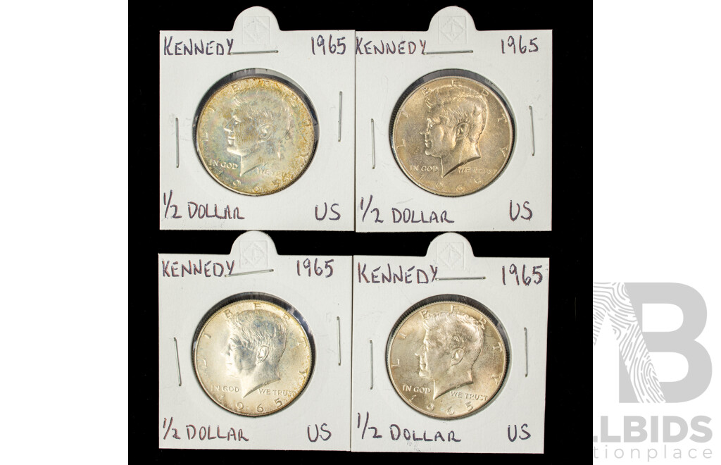 Four USA 1965 Silver Kennedy Half Dollars .400