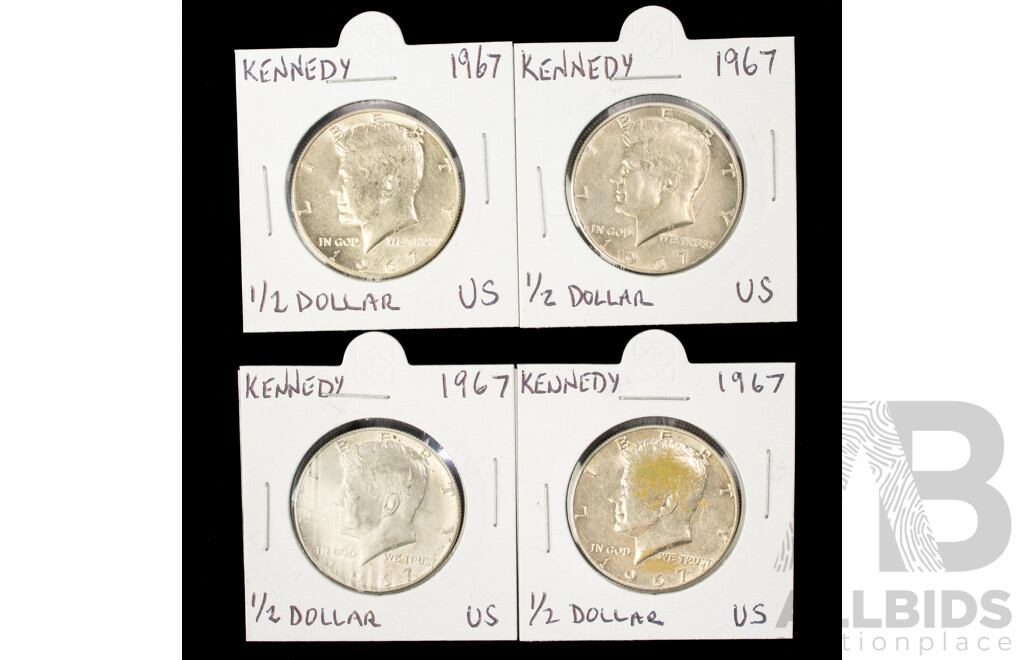 Four USA 1967 Silver Kennedy Half Dollars .400