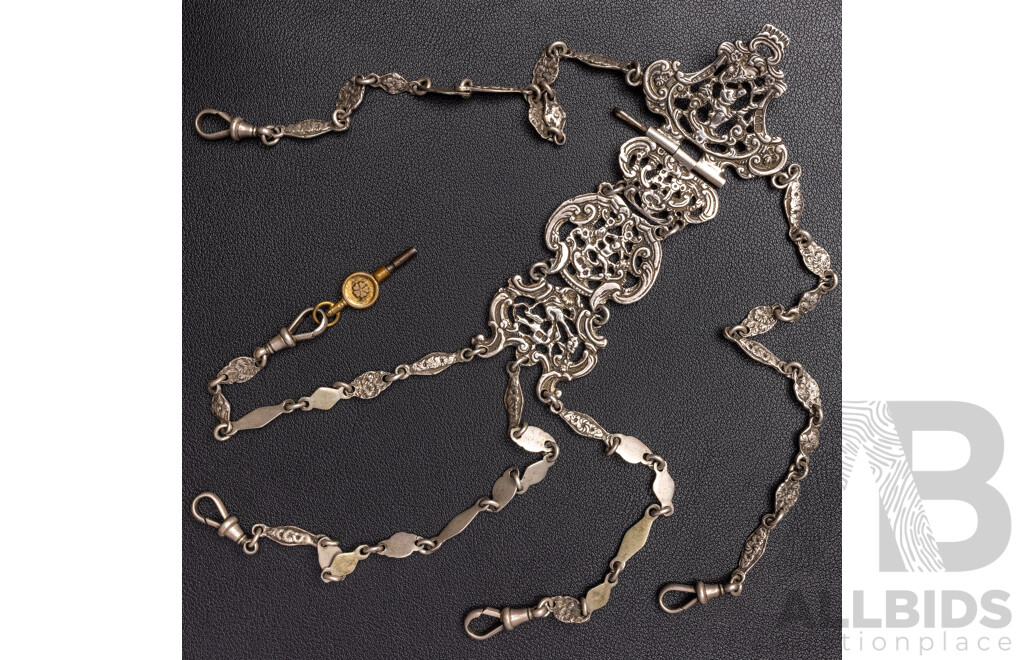 Antique Sterling Silver Chatelaine with (5) Albert Clasp Fob Chains & Pocket Watch Key, 86.11 Grams