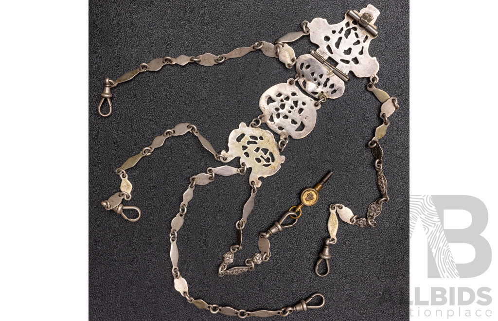 Antique Sterling Silver Chatelaine with (5) Albert Clasp Fob Chains & Pocket Watch Key, 86.11 Grams