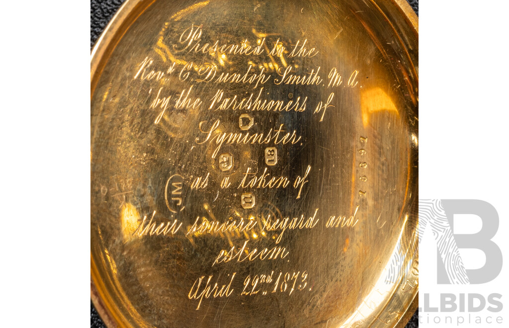 Antique 18ct Thomas Boxell Brighton 42mm Open Faced Pocket Watch, Circa 1873, 66.03 Grams