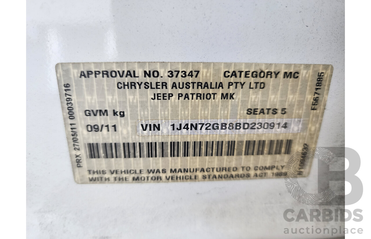 9/2011 Jeep Patriot Sport MK 4d Wagon White 2.4L
