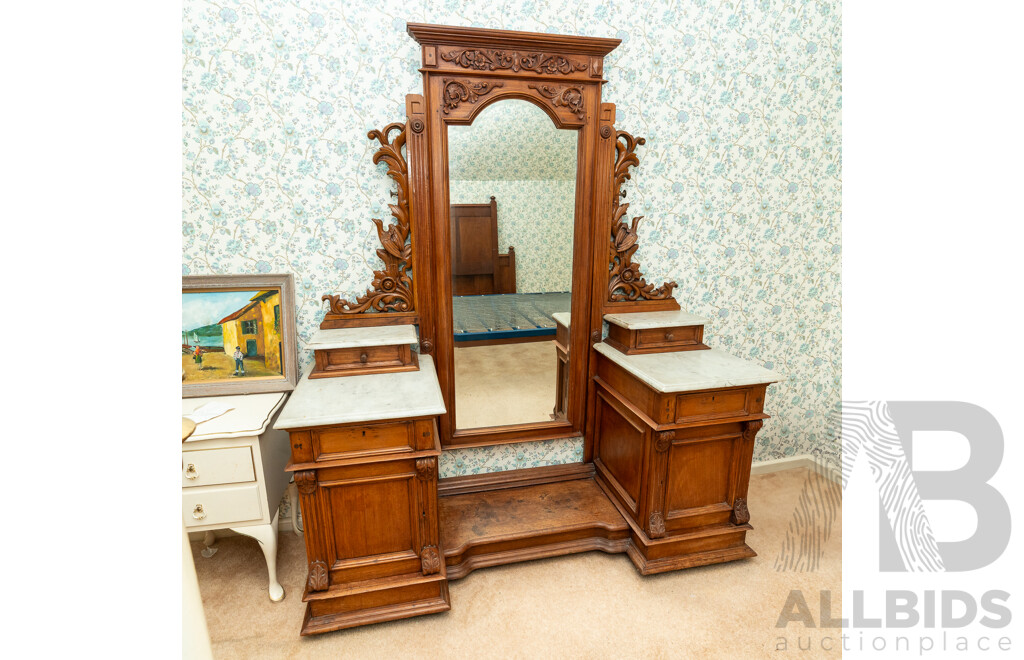 Mahogany Twin Pedestal Marble Topped Mirror Back Dresser