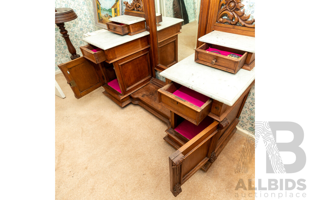 Mahogany Twin Pedestal Marble Topped Mirror Back Dresser