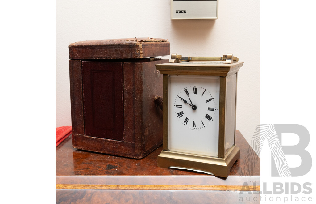 Vintage French Brass Carrige Clock in Leather Case