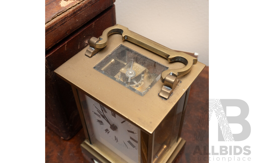 Vintage French Brass Carrige Clock in Leather Case