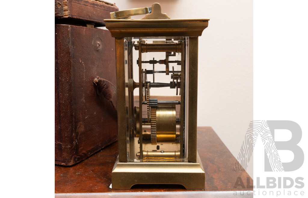 Vintage French Brass Carrige Clock in Leather Case