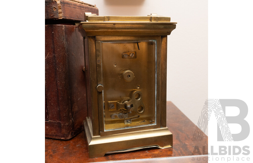 Vintage French Brass Carrige Clock in Leather Case