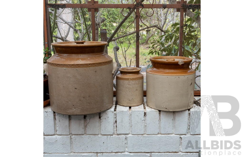 Pair of Salt Glazed Lidded Crocs and Another