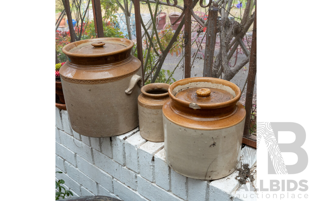 Pair of Salt Glazed Lidded Crocs and Another