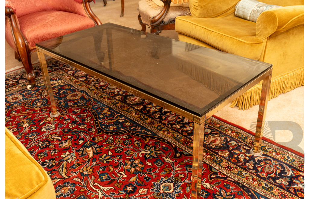 Mid Century Gold Tone Coffee Table with Smokey Glass Top