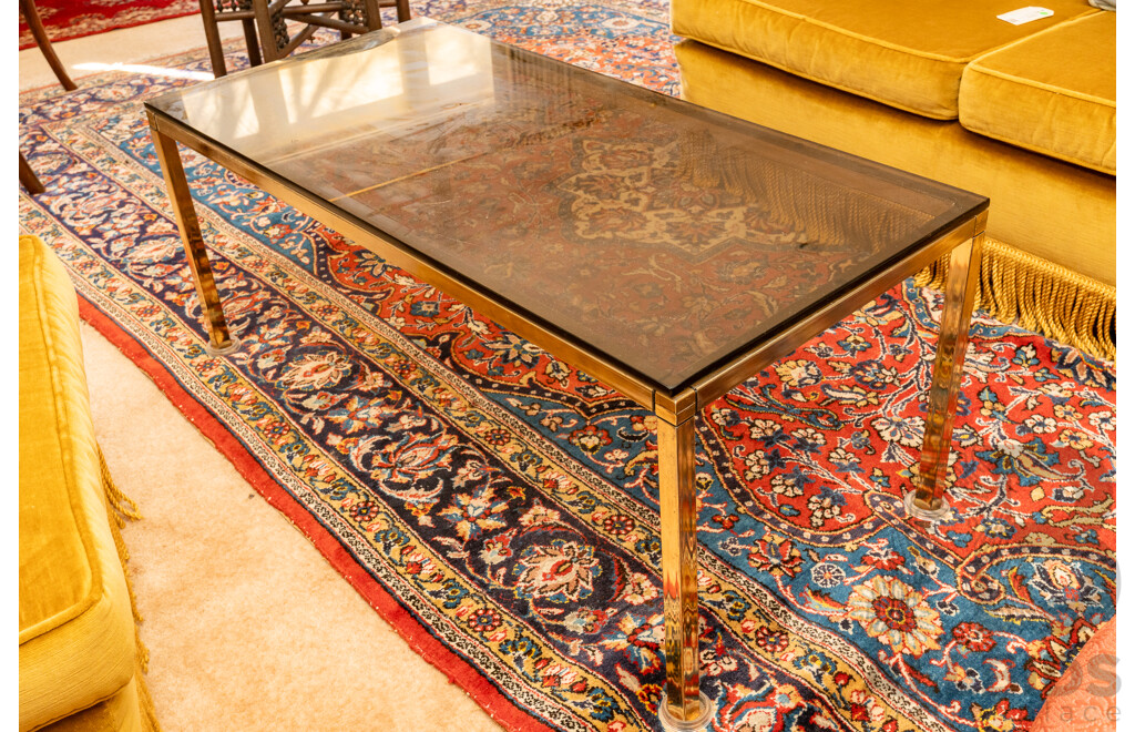 Mid Century Gold Tone Coffee Table with Smokey Glass Top