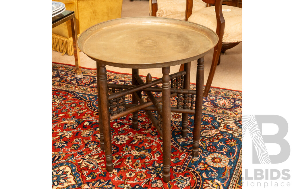 Beaten Brass Topped Folding Table with Egyptian Imagery