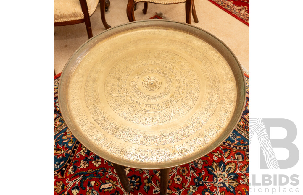 Beaten Brass Topped Folding Table with Egyptian Imagery