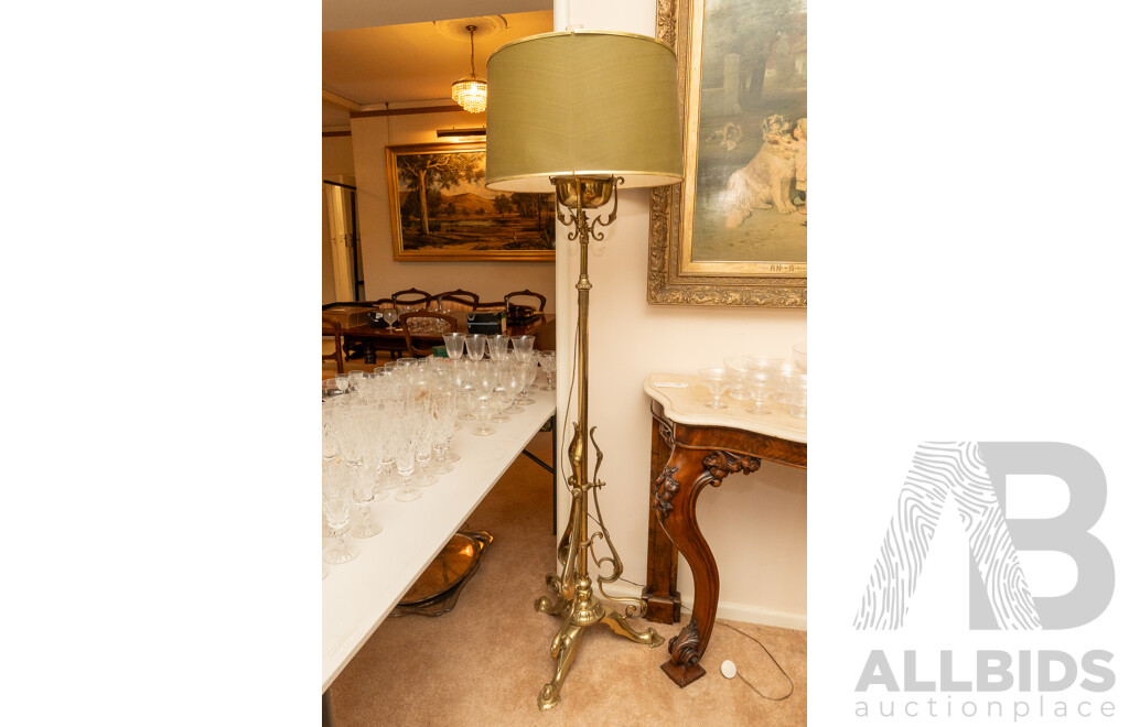 Antique French Brass Floor Lamp, Originally Oil, Converted to Electric