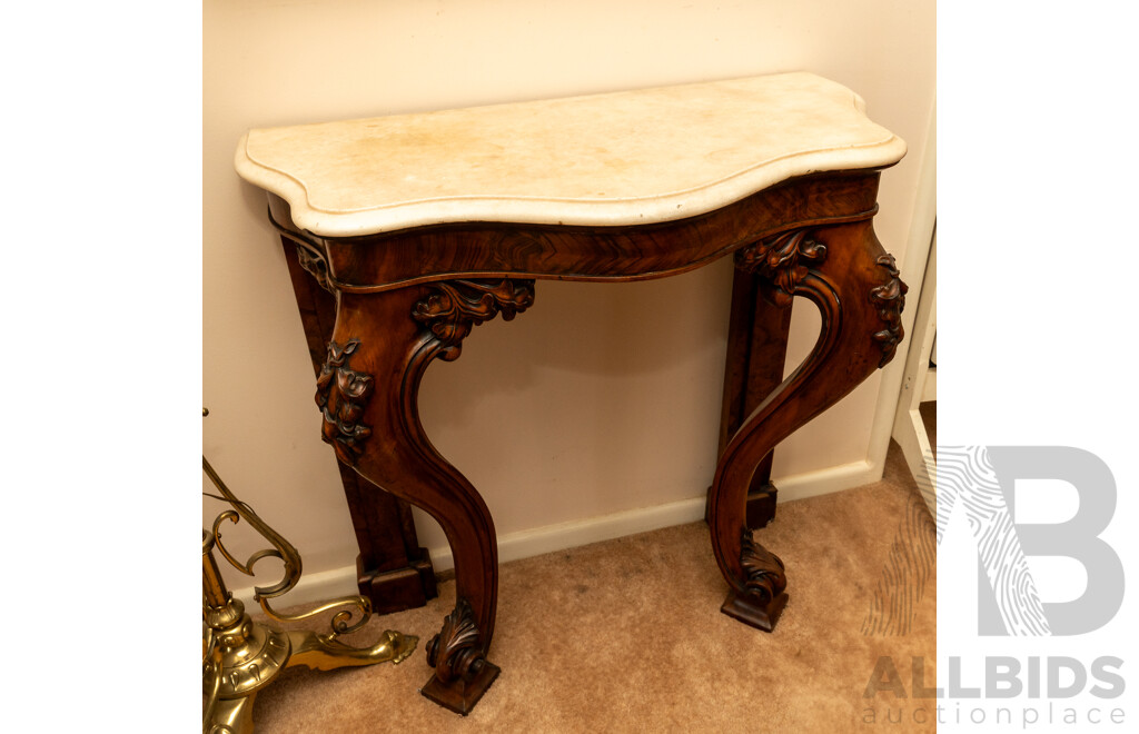 Victorian Burr Walnut Hallway Console with Marble Top and Serpentine Front