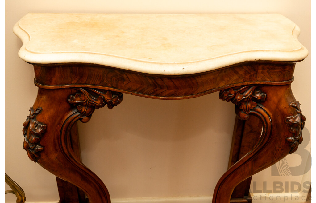 Victorian Burr Walnut Hallway Console with Marble Top and Serpentine Front