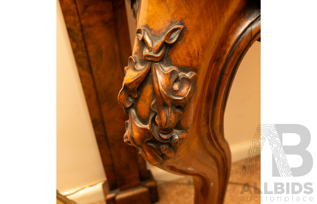 Victorian Burr Walnut Hallway Console with Marble Top and Serpentine Front