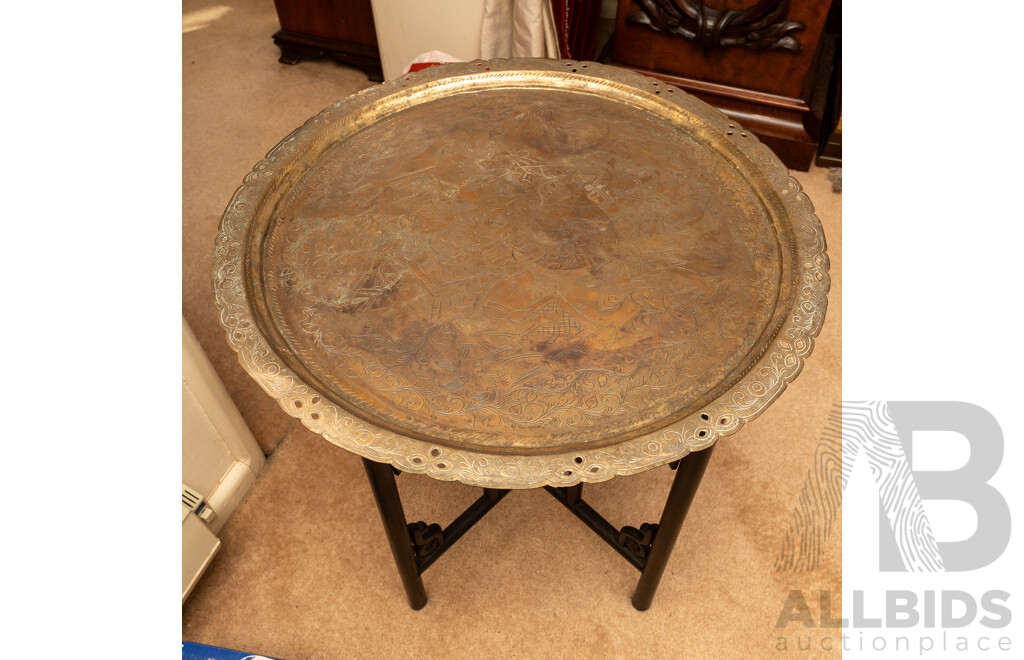 Beaten Brass Topped Indian Hardwood Folding Table