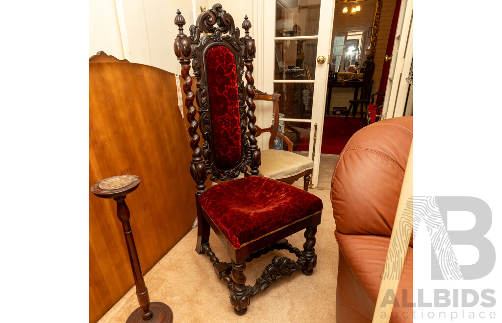 Heavily Carved Jacobean Style Hall Chair with Red Velvet Upholstery