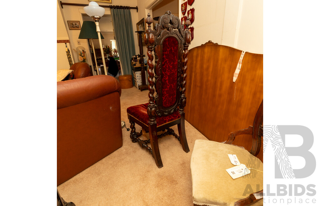 Heavily Carved Jacobean Style Hall Chair with Red Velvet Upholstery