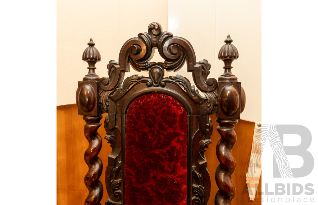 Heavily Carved Jacobean Style Hall Chair with Red Velvet Upholstery