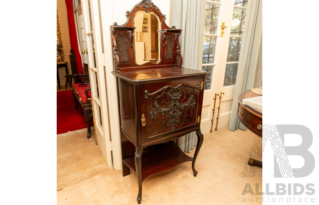 Victorian Mahogany Elevated Music Cabinet with Mirrored Back