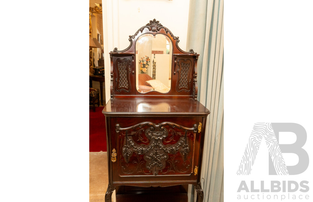 Victorian Mahogany Elevated Music Cabinet with Mirrored Back