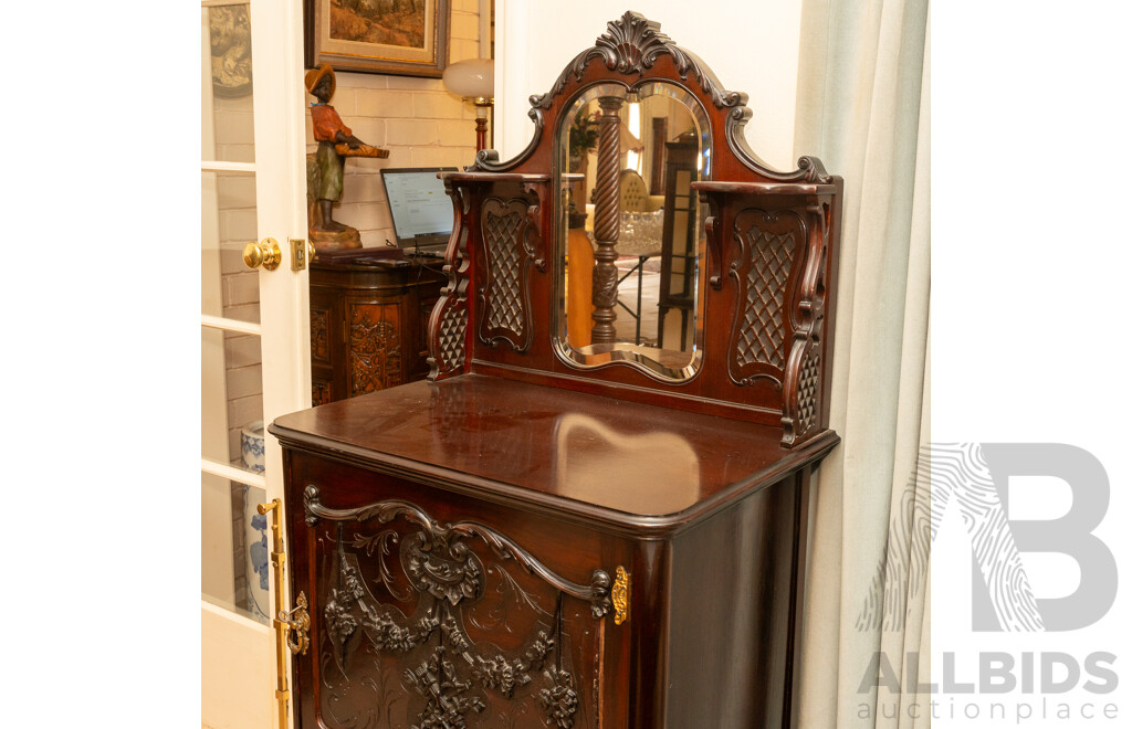 Victorian Mahogany Elevated Music Cabinet with Mirrored Back