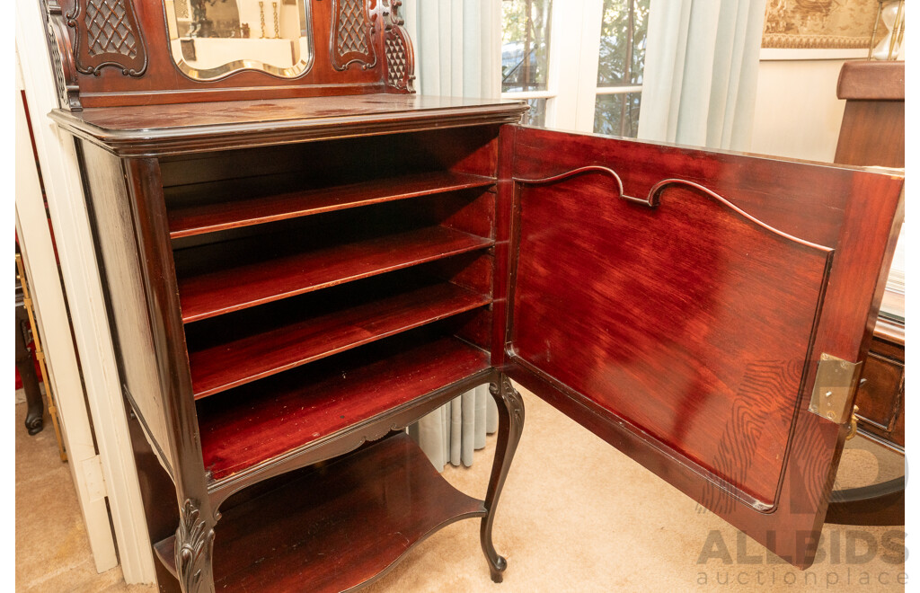 Victorian Mahogany Elevated Music Cabinet with Mirrored Back