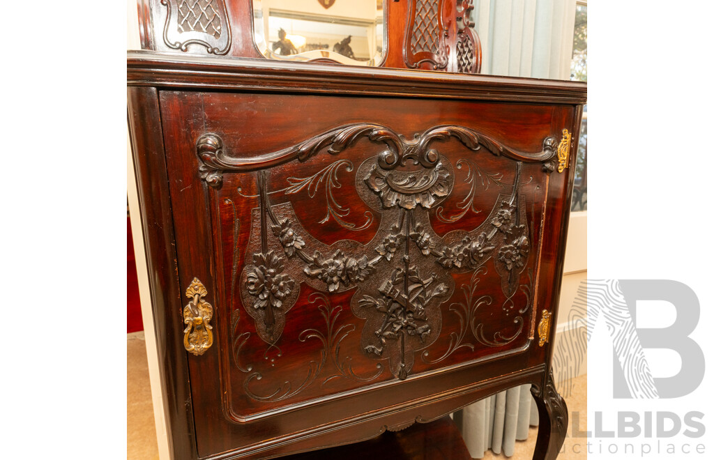 Victorian Mahogany Elevated Music Cabinet with Mirrored Back
