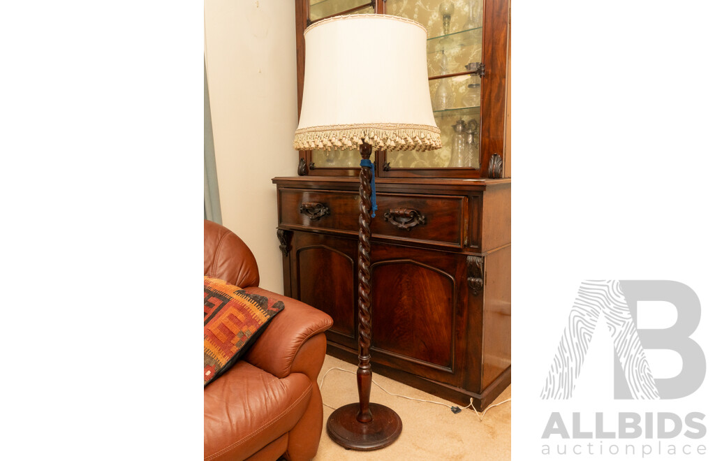 Art Deco Barley Twist Oak Floor Lamp with Original Tasselled Fabric Shade