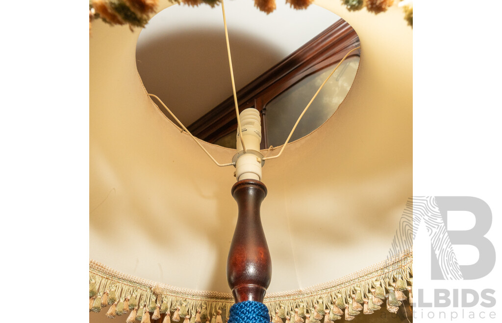 Art Deco Barley Twist Oak Floor Lamp with Original Tasselled Fabric Shade