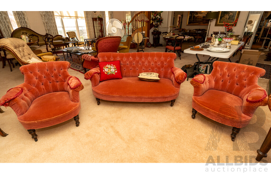Late Edwardian Three Piece Parlour Suite Including Settee and a Pair of Armchairs