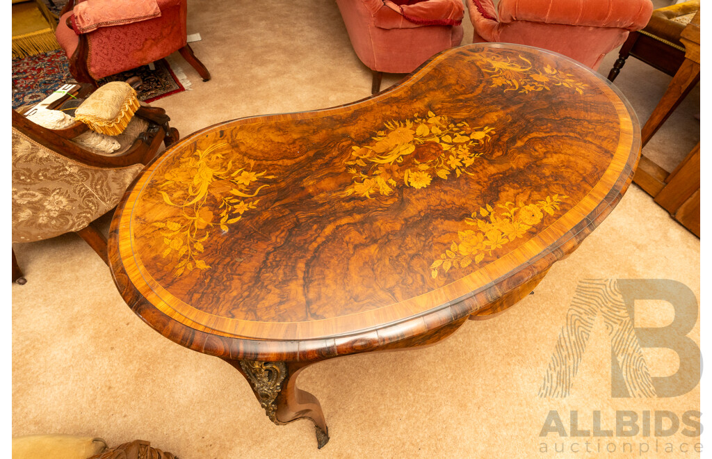Early Victorian Burr Walnut Kidney Shaped Writing Desk