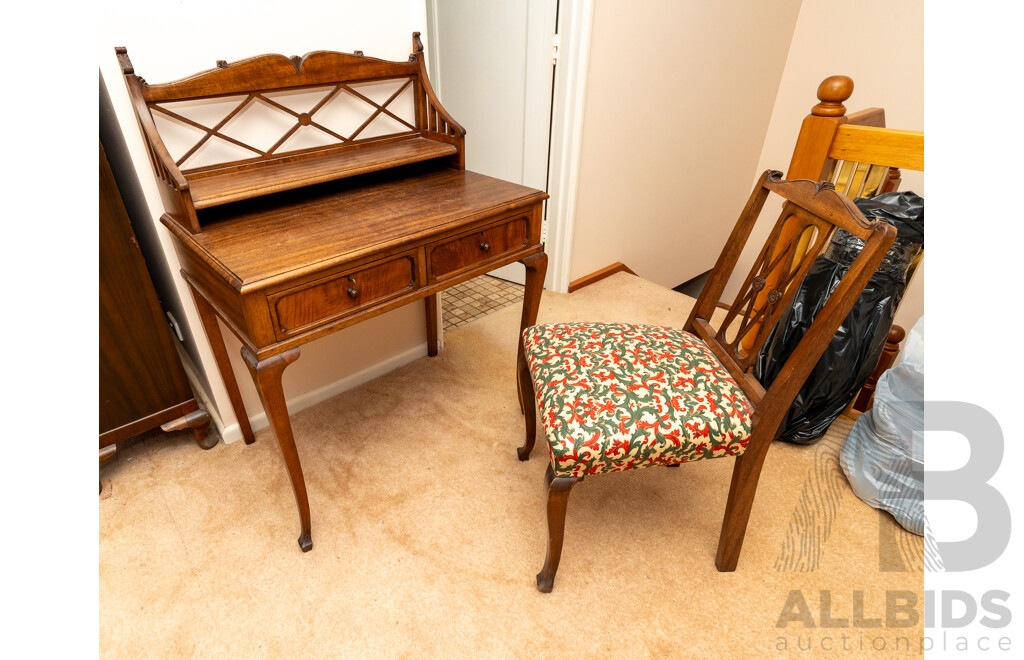 Small Oak Two Drawer Desk with Matching Chair